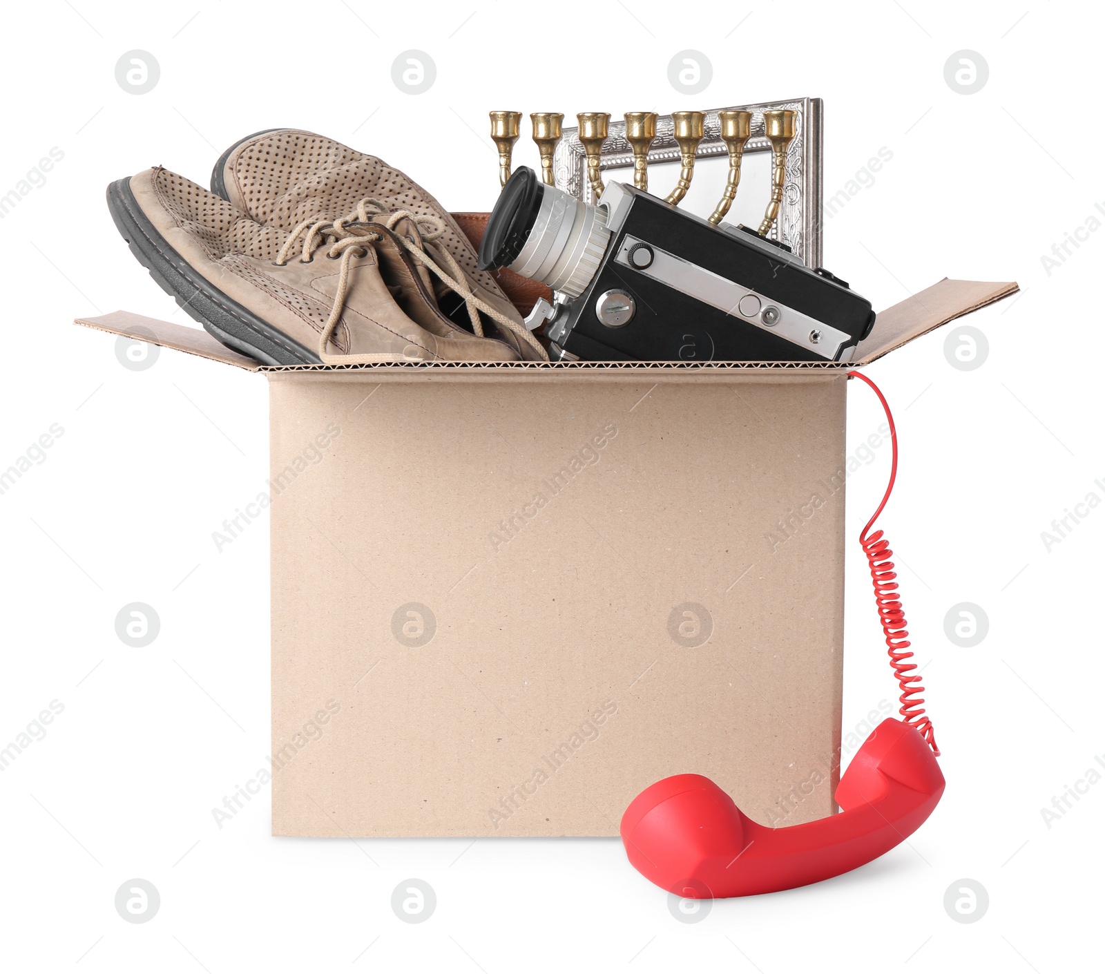 Photo of Box with unwanted stuff isolated on white