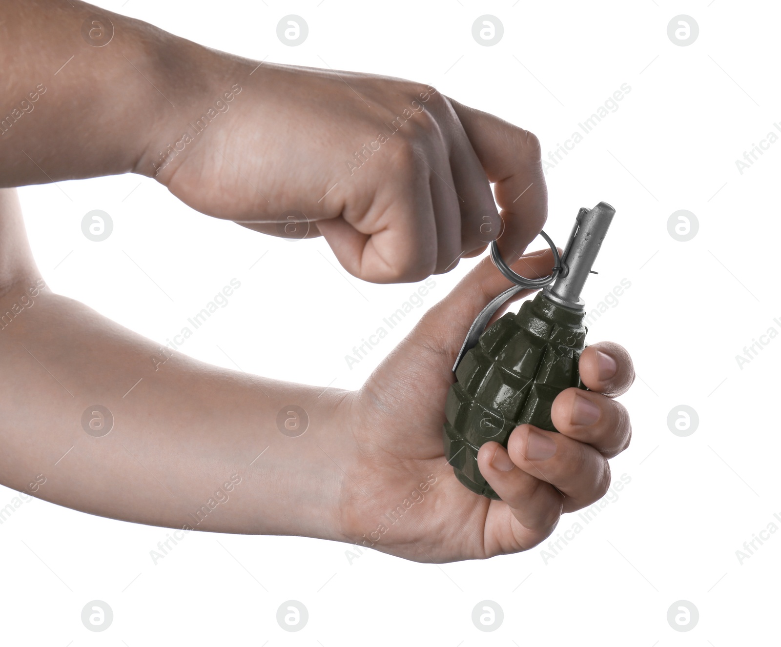 Photo of Man pulling safety pin out of hand grenade on white background, closeup