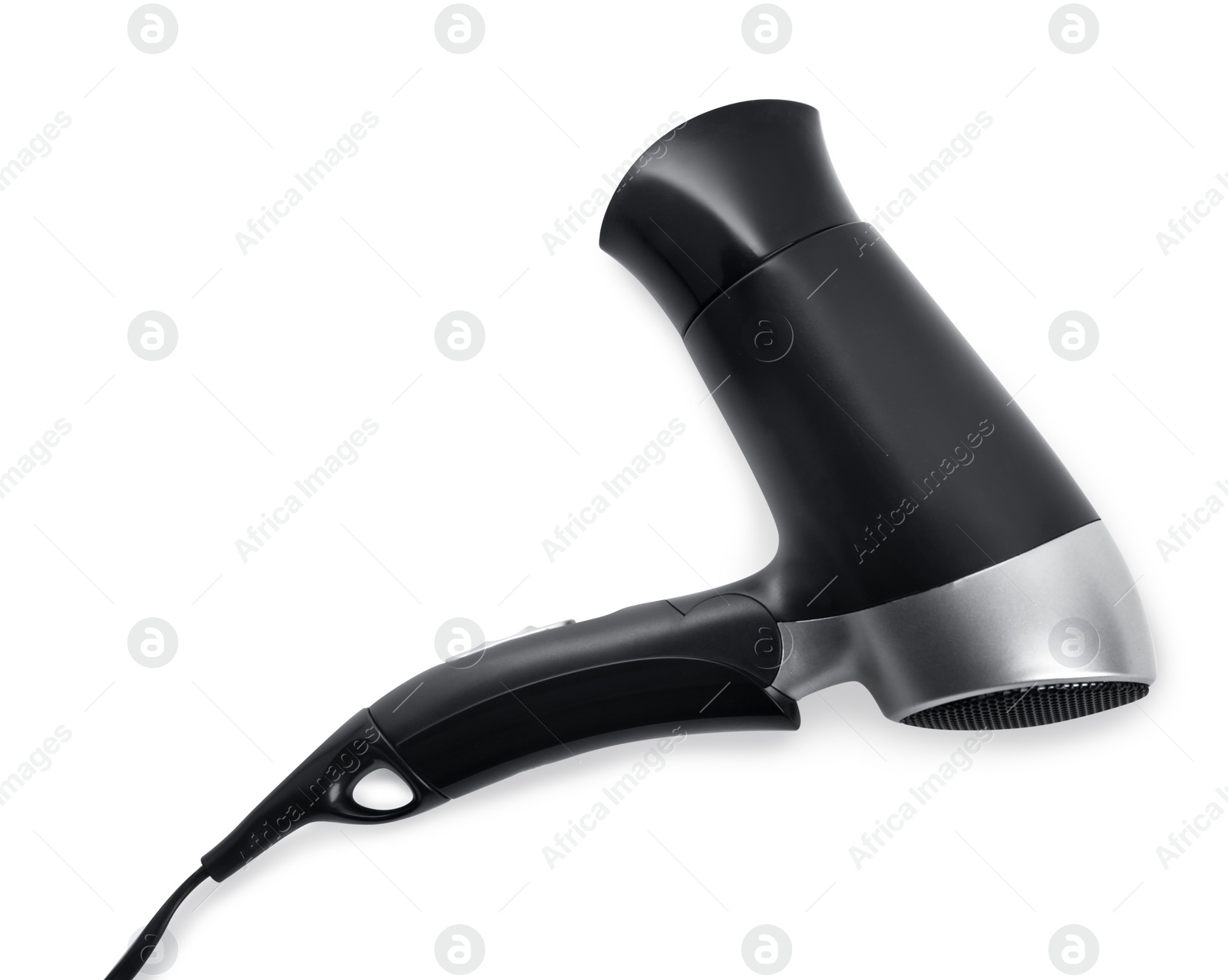 Photo of Modern hair dryer isolated on white, top view