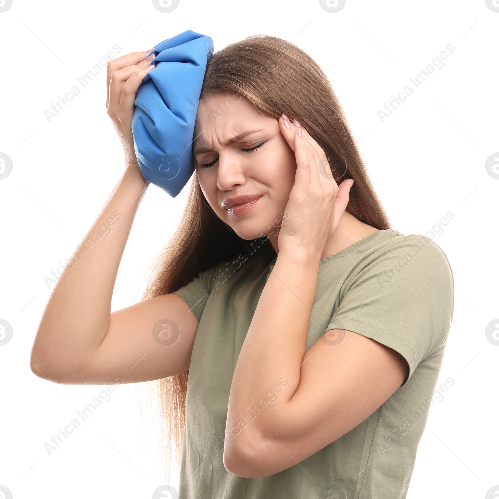 Photo of Unhappy woman using cold pack to cure headache on white background