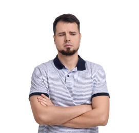 Photo of Portrait of sad man with crossed arms on white background