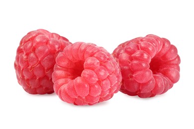 Three tasty ripe raspberries isolated on white