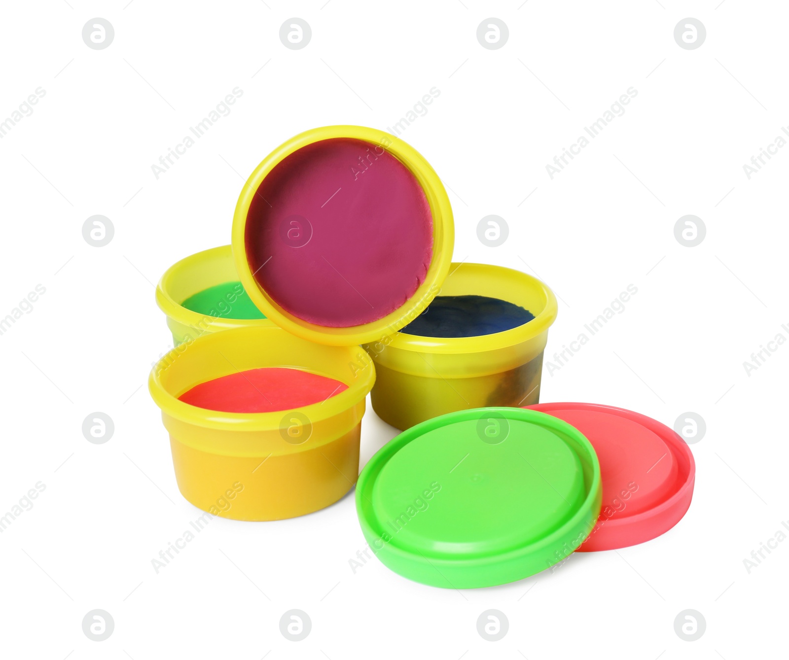 Photo of Plastic containers with colorful play dough on white background