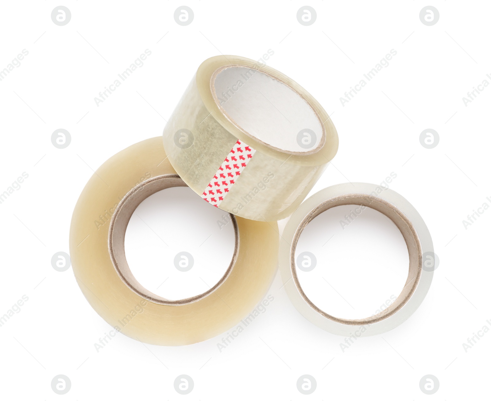 Photo of Rolls of adhesive tape on white background, top view