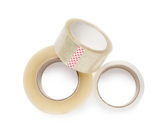 Rolls of adhesive tape on white background, top view