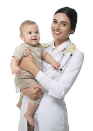 Young pediatrician with cute little baby on white background