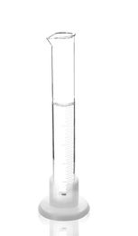 Graduated cylinder with liquid on white background. Laboratory analysis equipment