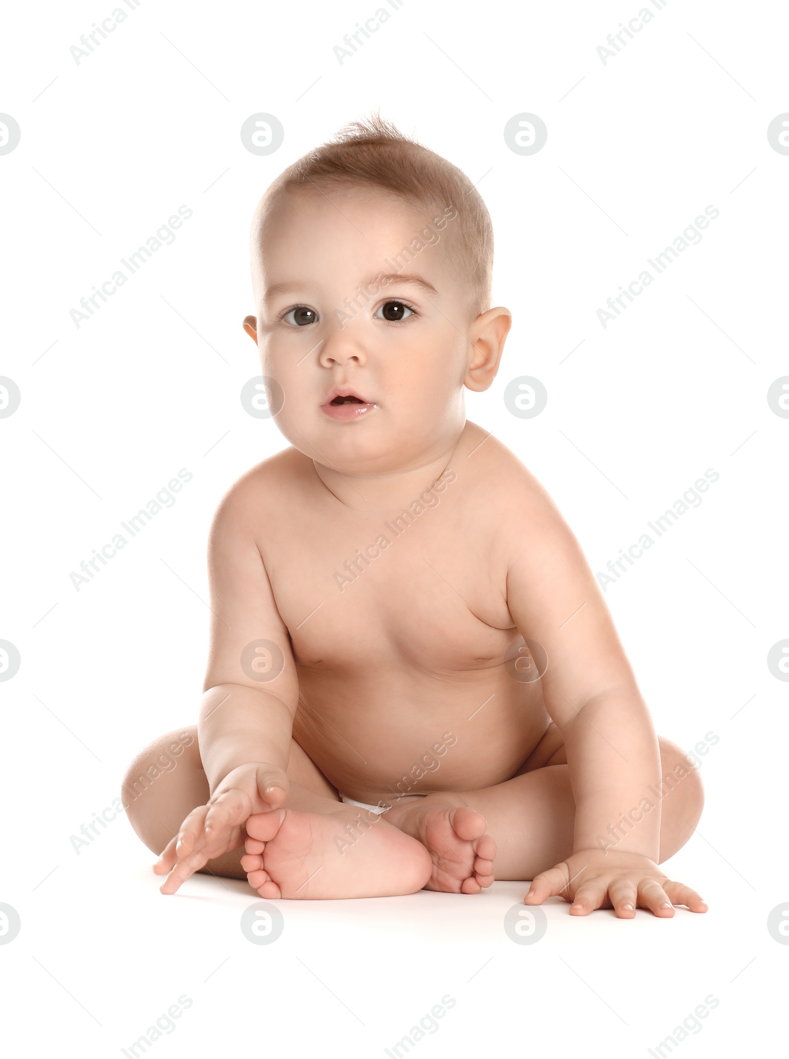 Photo of Cute healthy little baby on white background