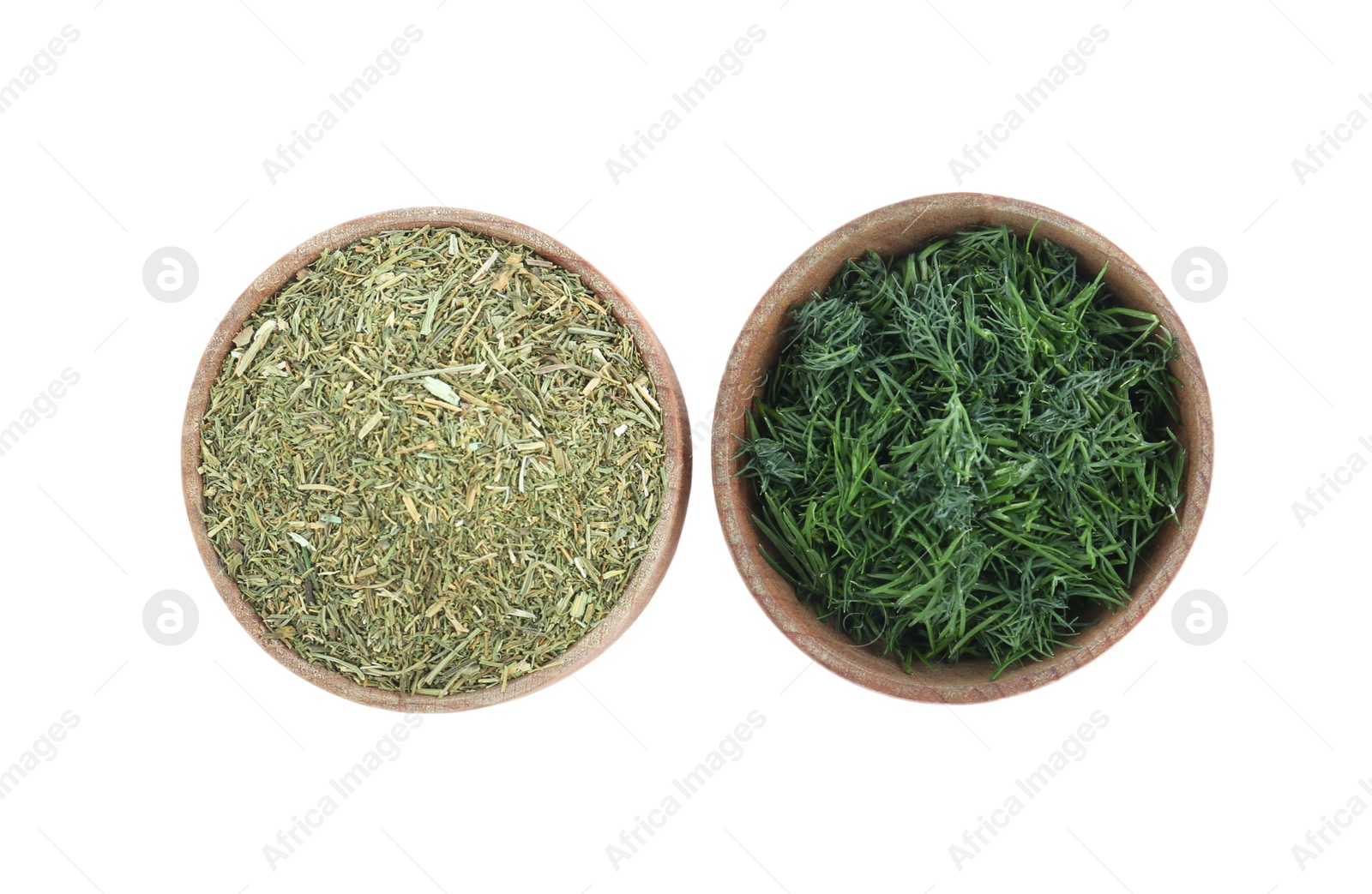 Photo of Bowls with aromatic dry and fresh dill on white background, top view