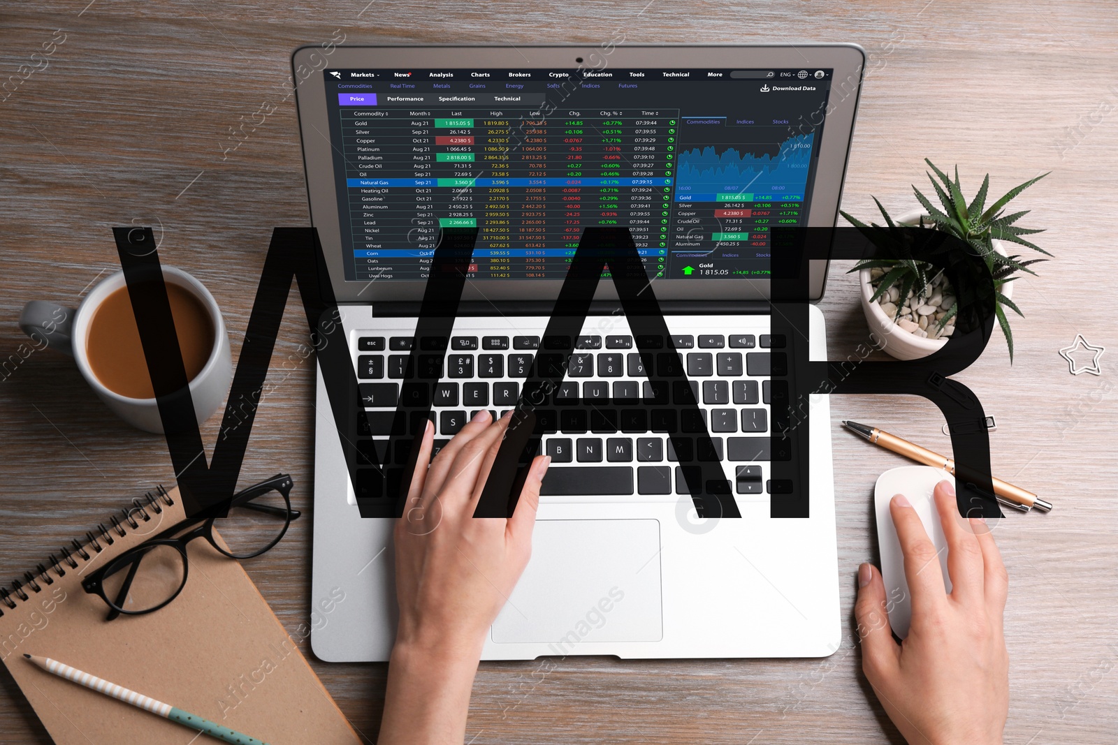 Image of Influence of war on stock exchange. Woman analyzing electronic trading platform on laptop at wooden table, top view