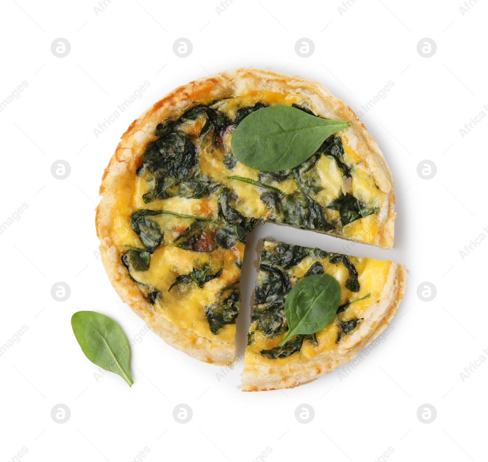 Photo of Delicious pie with spinach isolated on white, top view