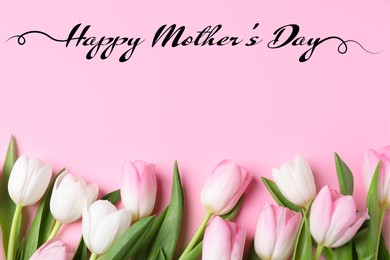 Image of Happy Mother's Day. Greeting card with tulip flowers on pink background, top view