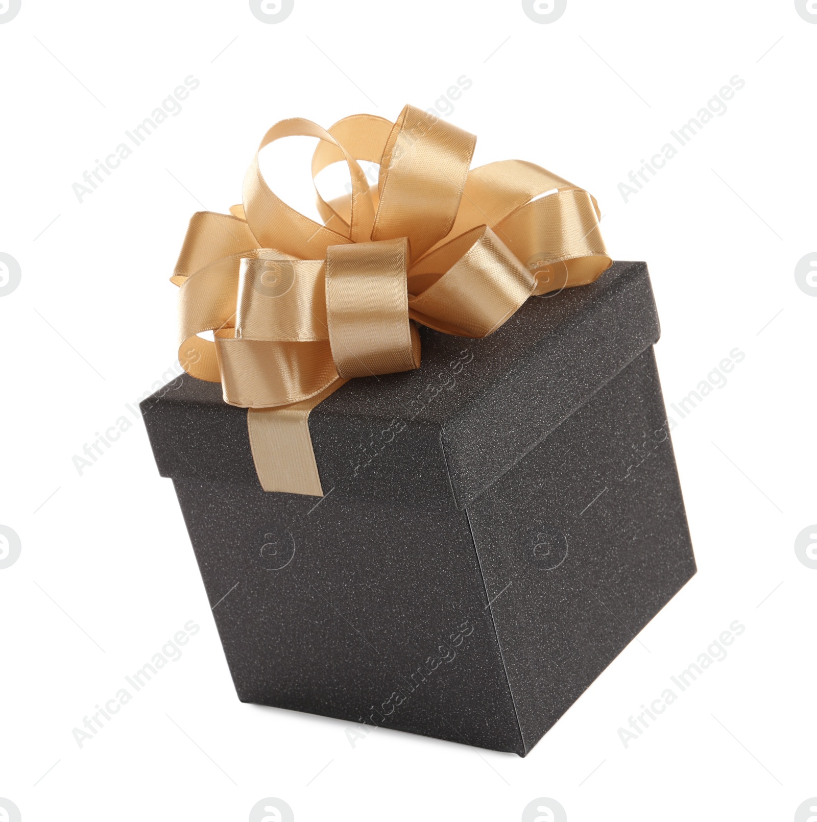 Photo of Beautiful black gift box with golden bow on white background