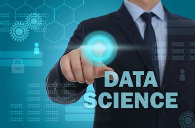 Data science. Man touching digital screen, closeup