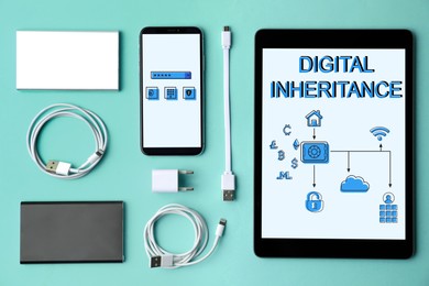 Image of Tablet with text Digital Inheritance and scheme with many different icons on screen. Devices and supplies on turquoise background, flat lay