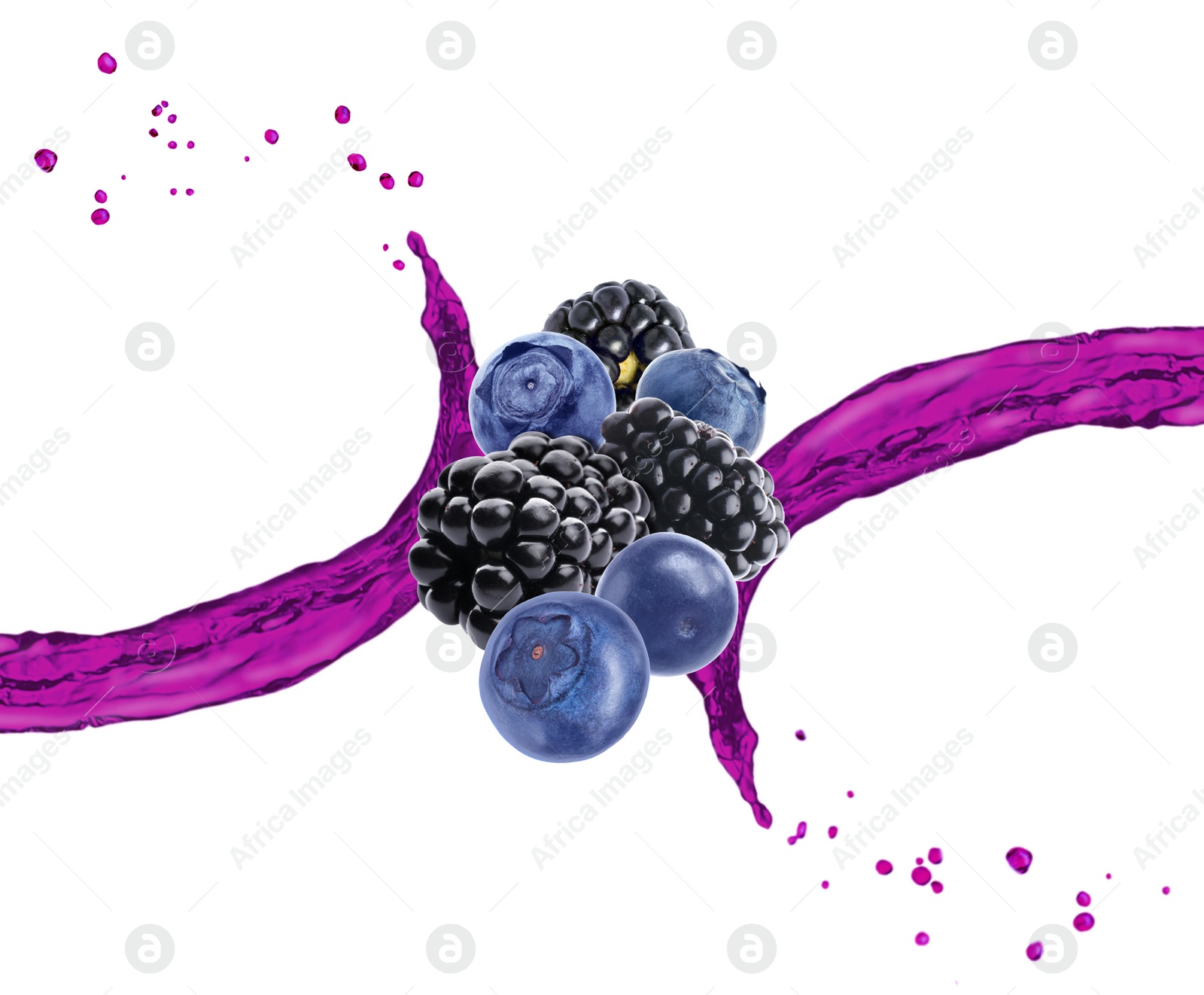 Image of Delicious ripe berries and splashes of juice on white background