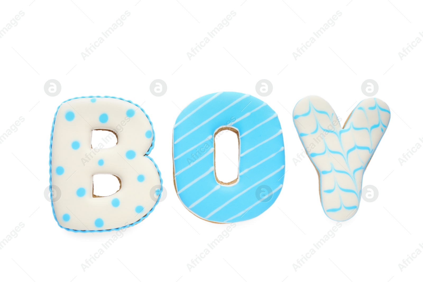 Photo of Word BOY made of tasty cookies on white background, top view. Baby shower party