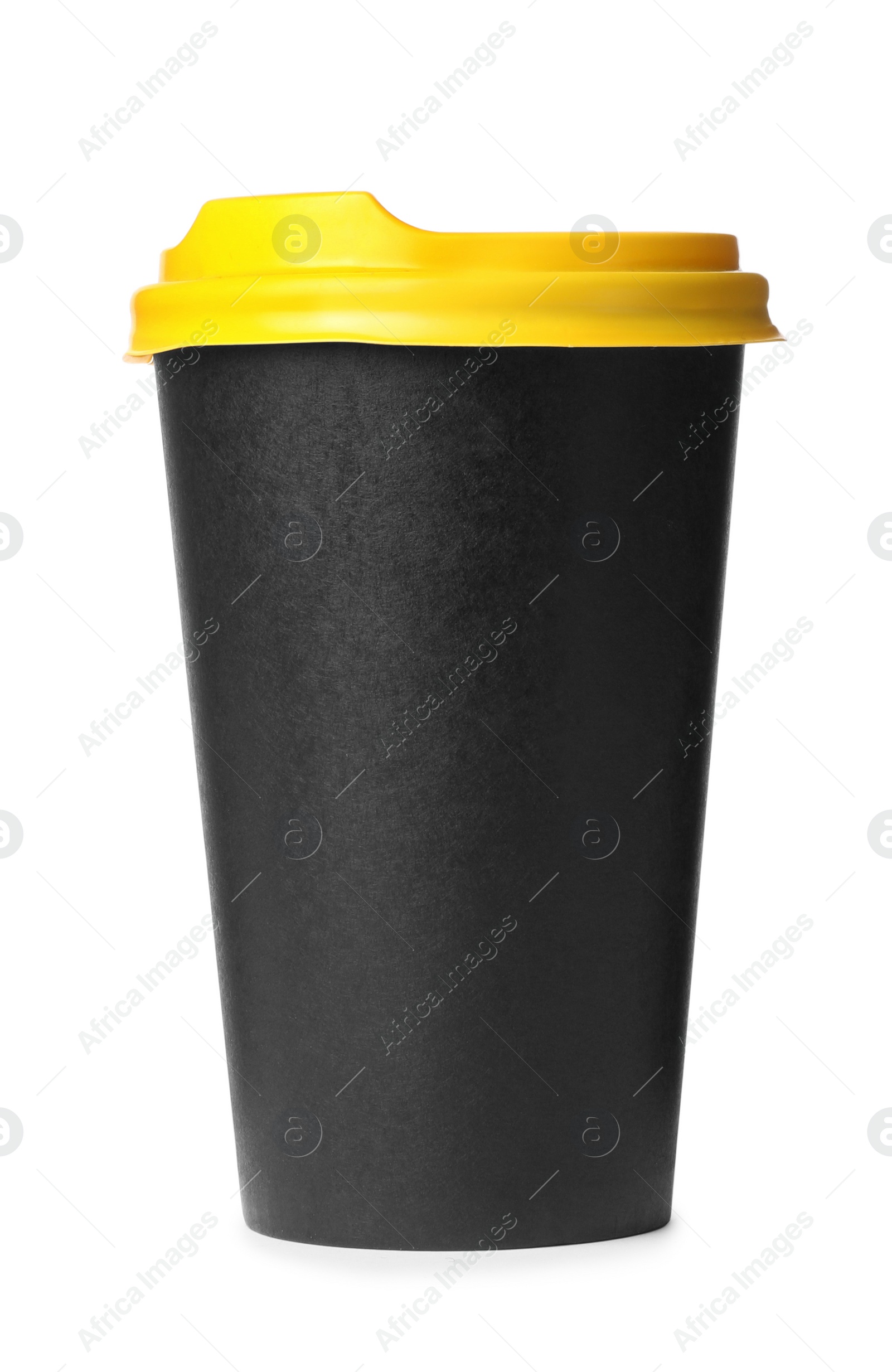 Photo of Black takeaway paper coffee cup isolated on white