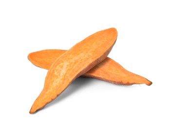 Photo of Cut fresh sweet potato isolated on white