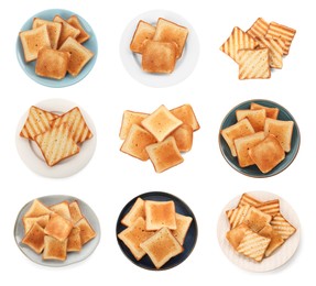 Set with tasty toasted bread on white background, top view