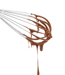 Photo of Chocolate cream dripping from whisk on white background, space for text