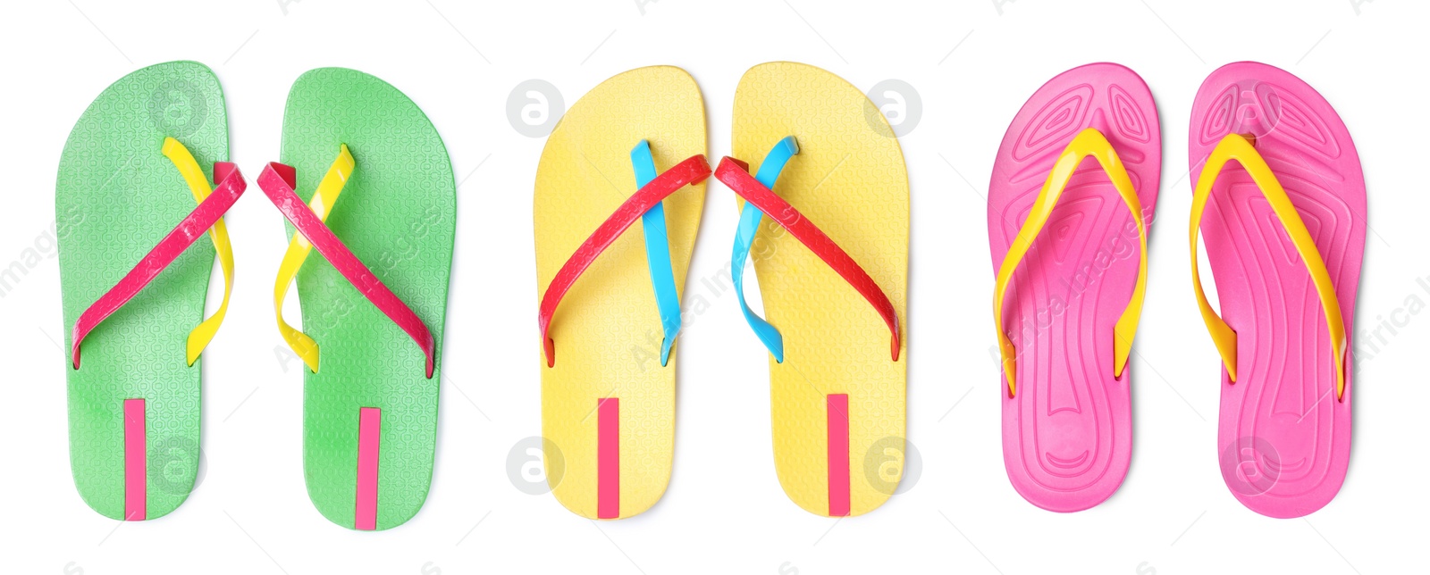 Image of Set with different colorful flip flops on white background, top view. Banner design