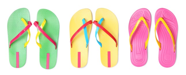 Set with different colorful flip flops on white background, top view. Banner design