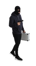 Man wearing black balaclava with metal briefcase and gun on white background
