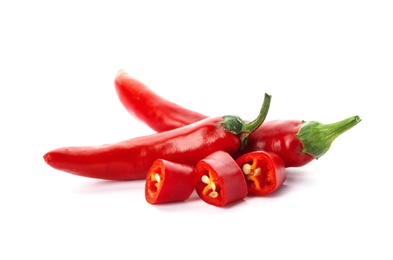 Photo of Fresh red chili peppers on white background