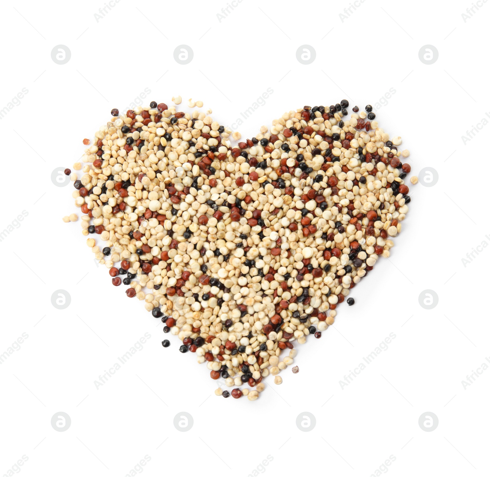 Photo of Heart shaped pile of mixed quinoa seeds on white background, top view