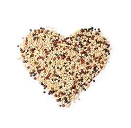 Photo of Heart shaped pile of mixed quinoa seeds on white background, top view