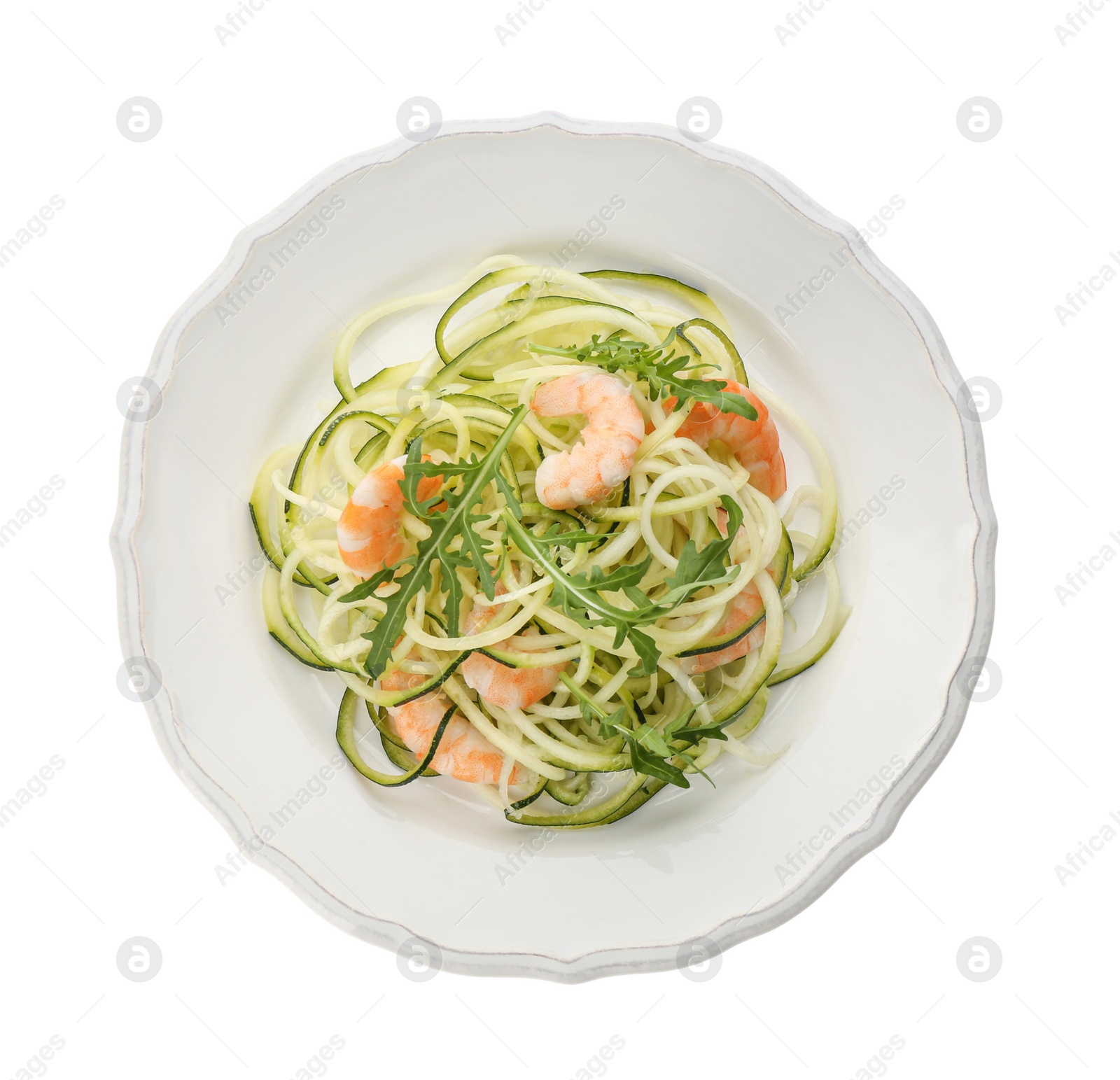 Photo of Tasty zucchini pasta with shrimps and arugula isolated on white, top view