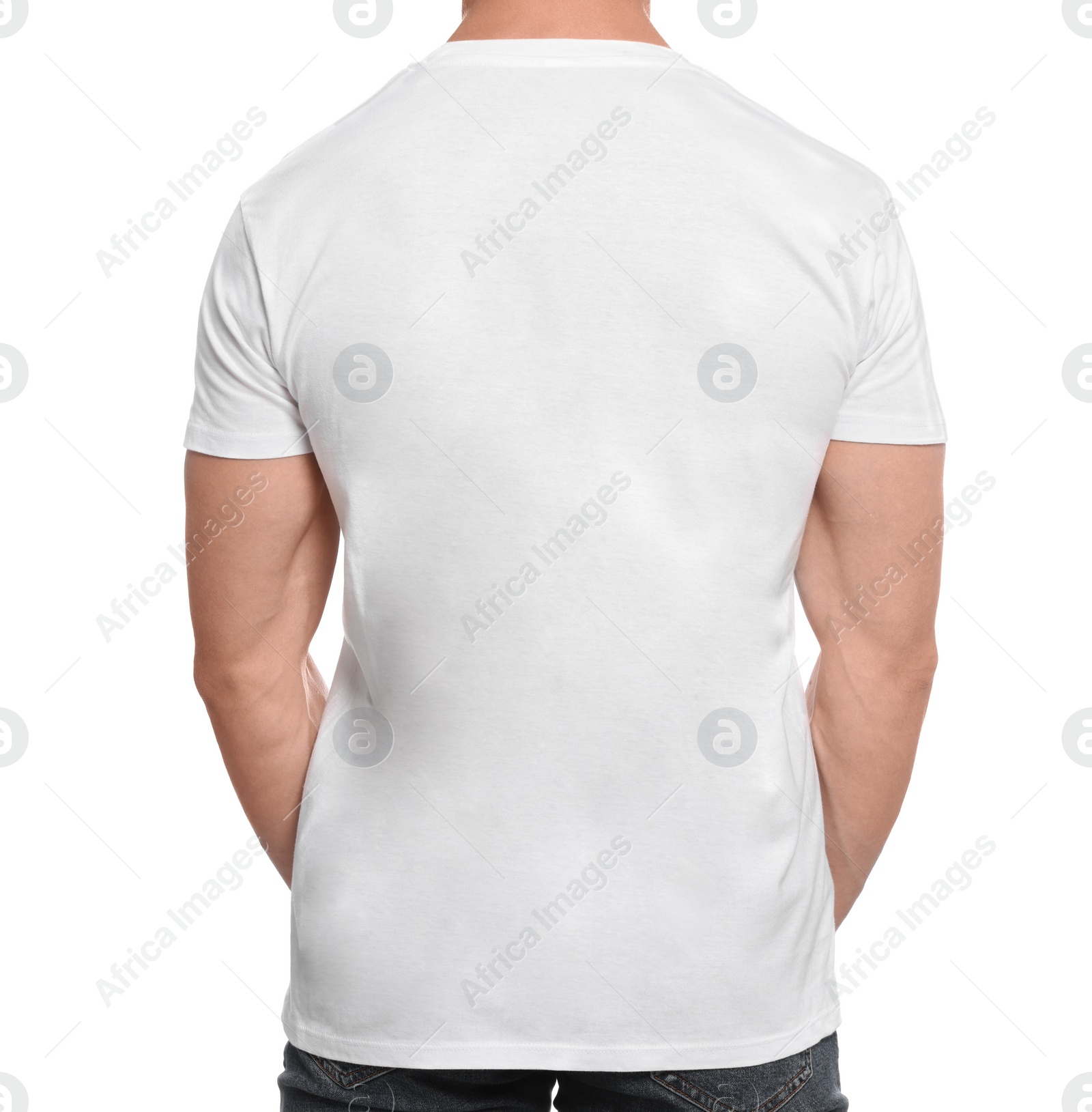 Photo of Man wearing blank t-shirt on white background, back view. Mockup for design