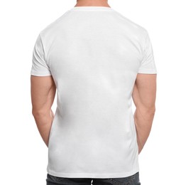 Man wearing blank t-shirt on white background, back view. Mockup for design