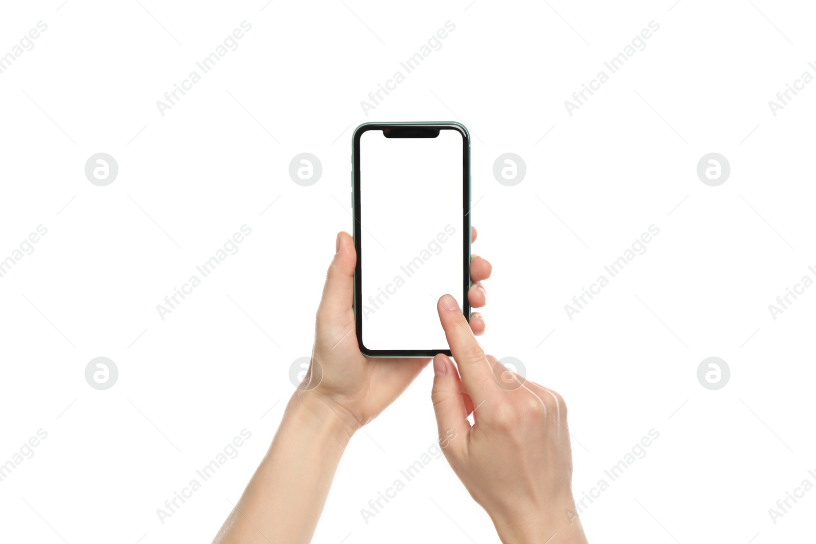 Photo of MYKOLAIV, UKRAINE - JULY 07, 2020: Woman using iPhone 11 on white background, closeup. Mockup for design