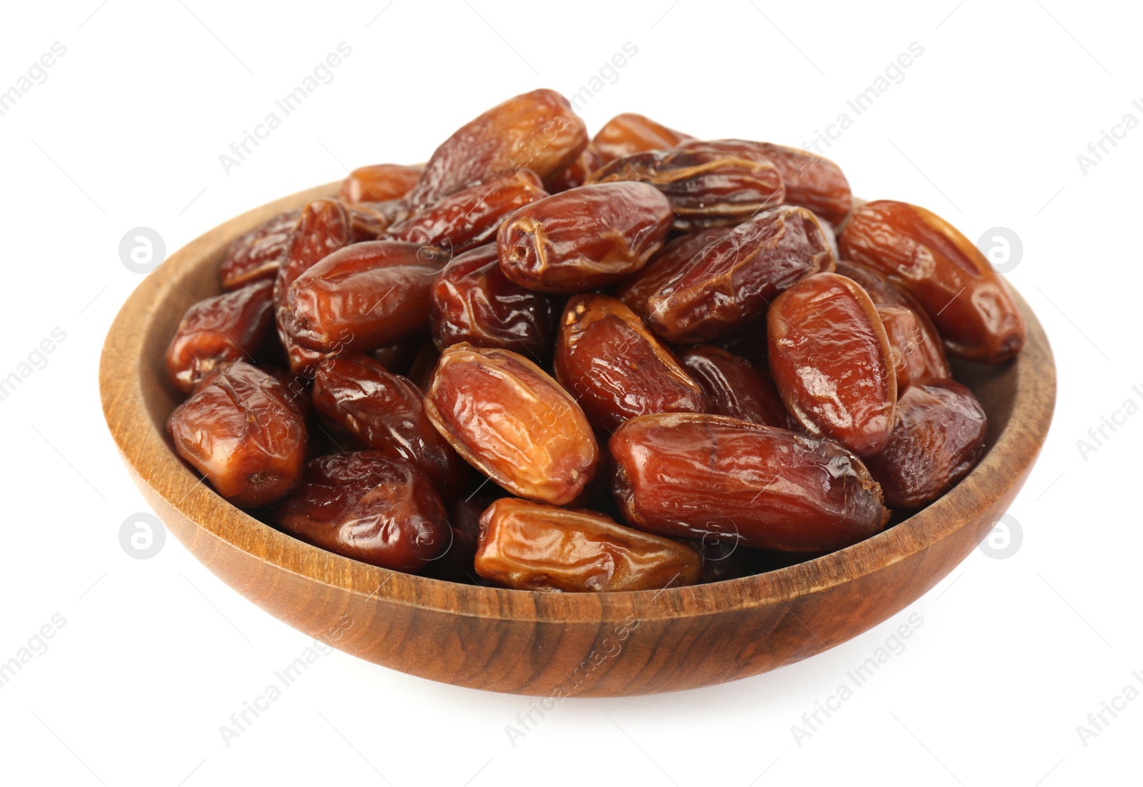 Photo of Sweet dried dates in bowl on white background