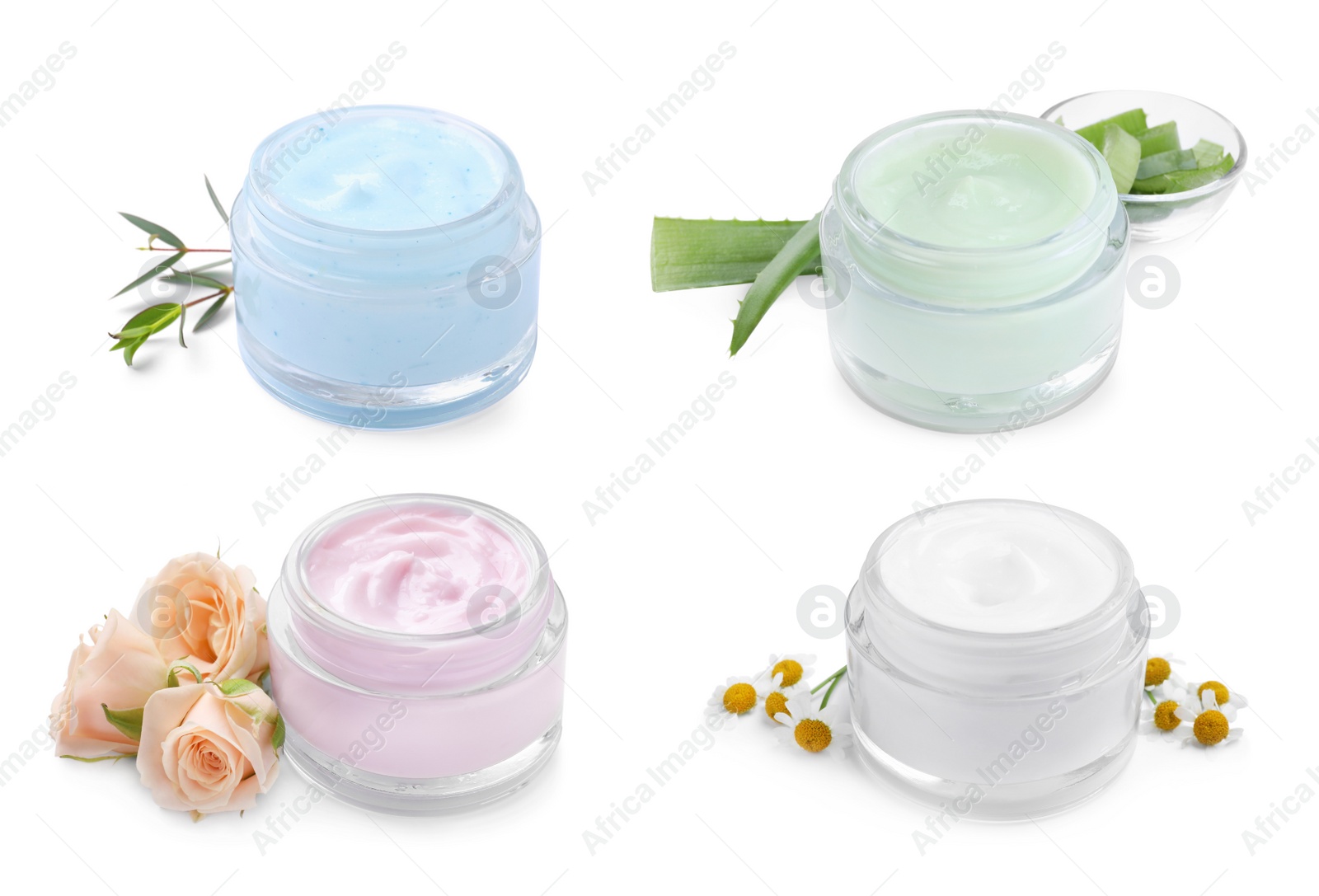 Image of Set with jars of body cream on white background 