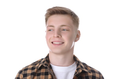 Portrait of teenage boy on white background