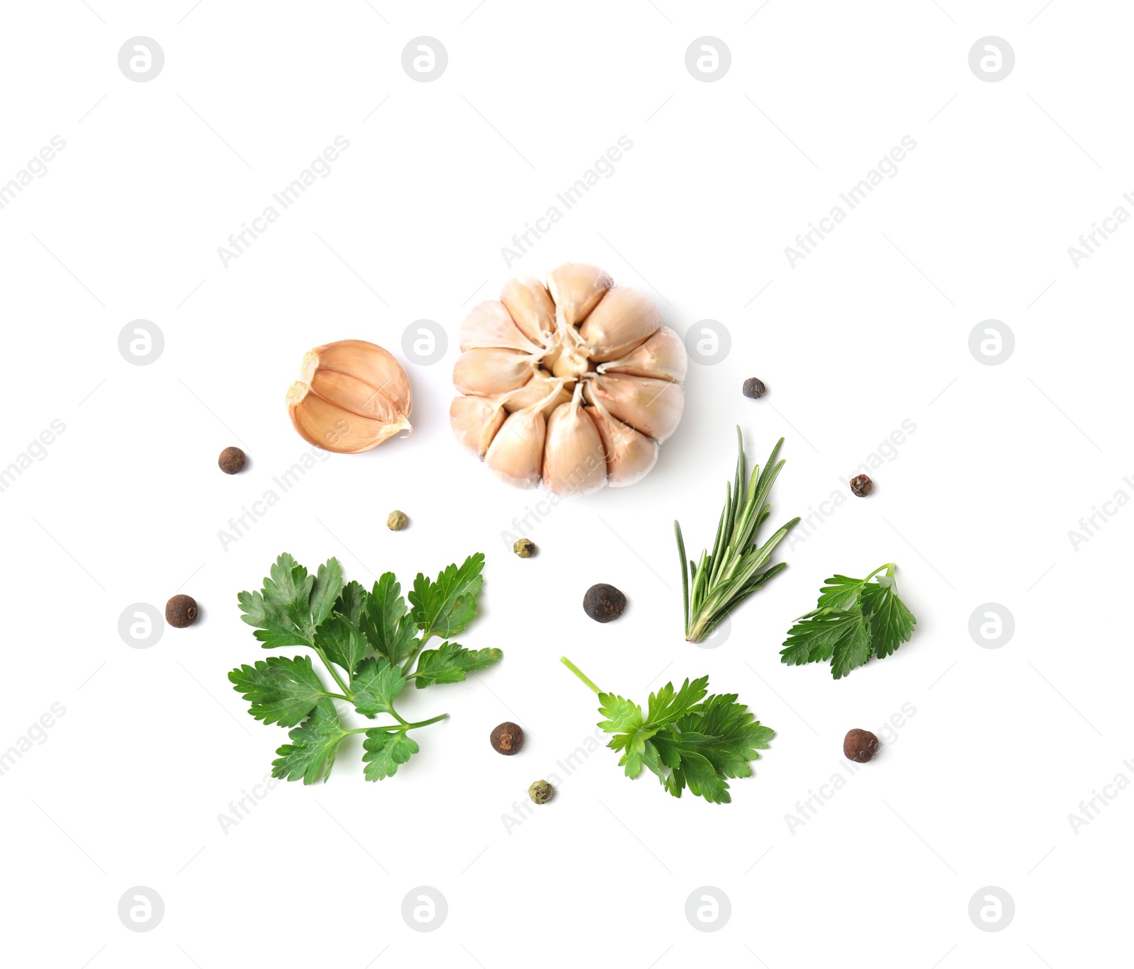 Photo of Flat lay composition with green parsley, pepper and garlic on white background