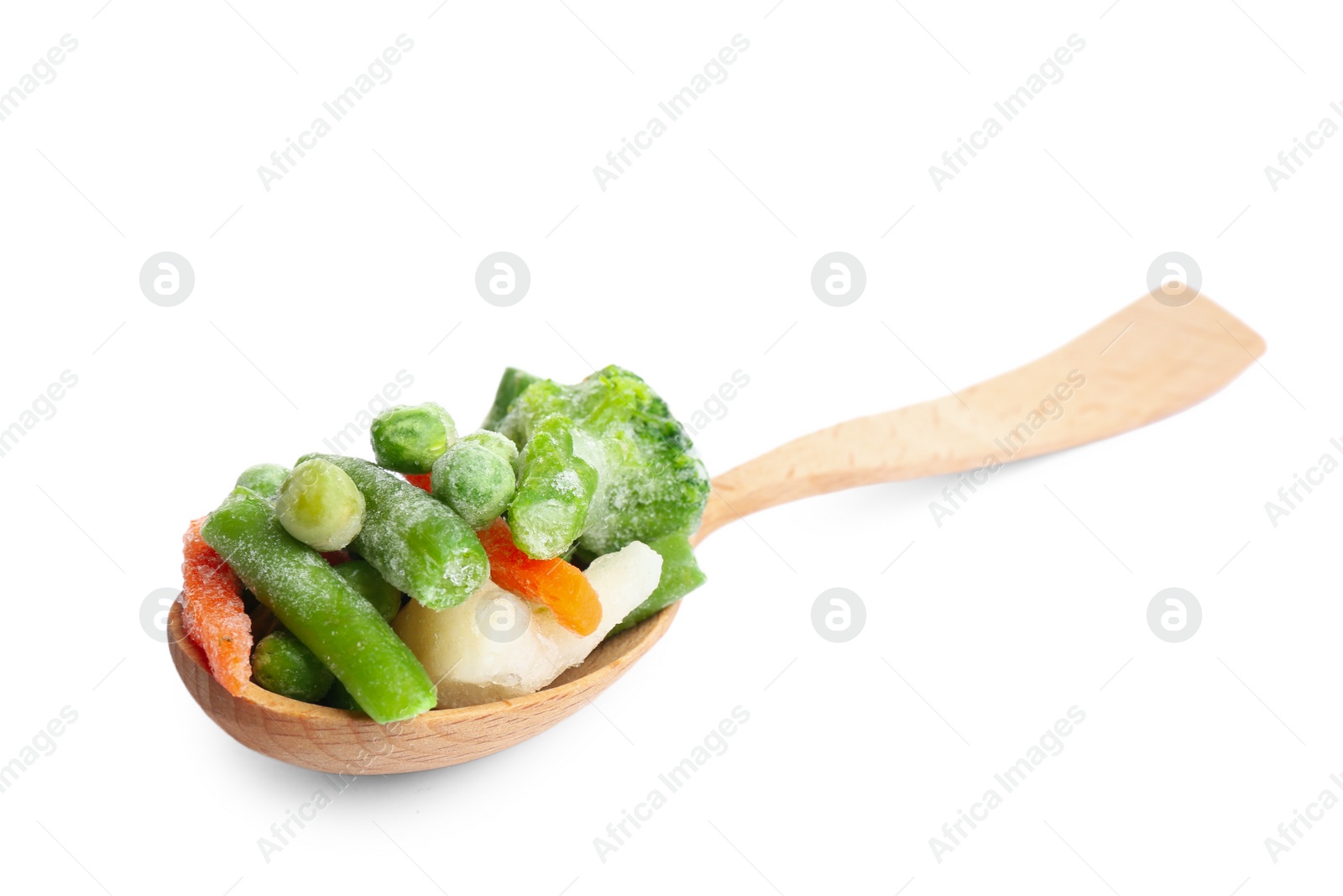 Photo of Frozen vegetables in wooden spoon isolated on white