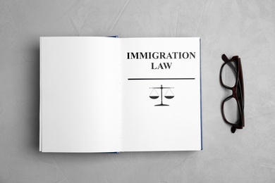 Book with words IMMIGRATION LAW and glasses on grey background, top view
