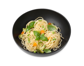 Photo of Bowl of delicious pasta primavera with basil, broccoli and peas isolated on white