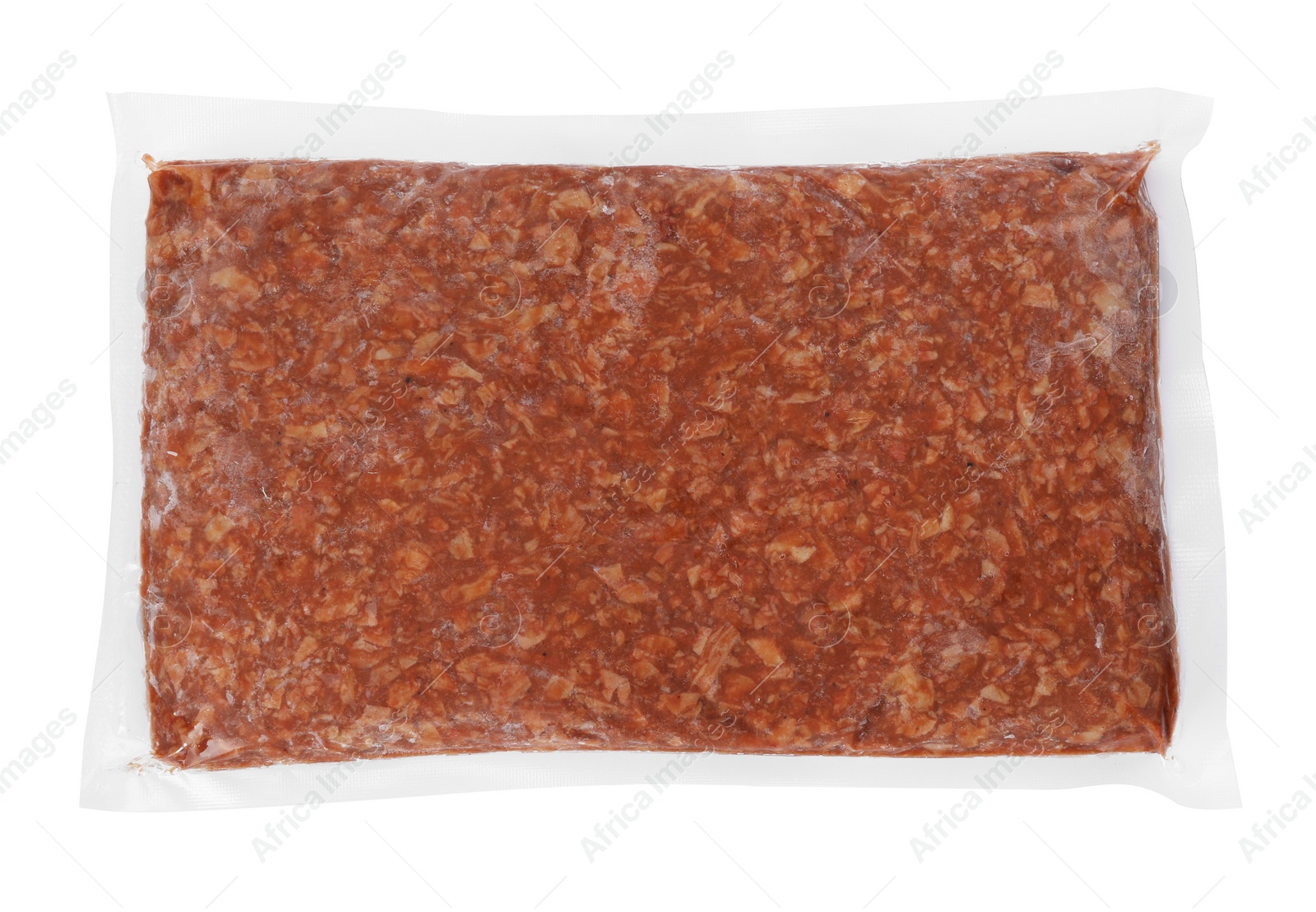 Photo of Fresh raw mince isolated on white, top view. Vegan meat product