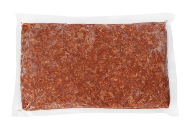 Photo of Fresh raw mince isolated on white, top view. Vegan meat product