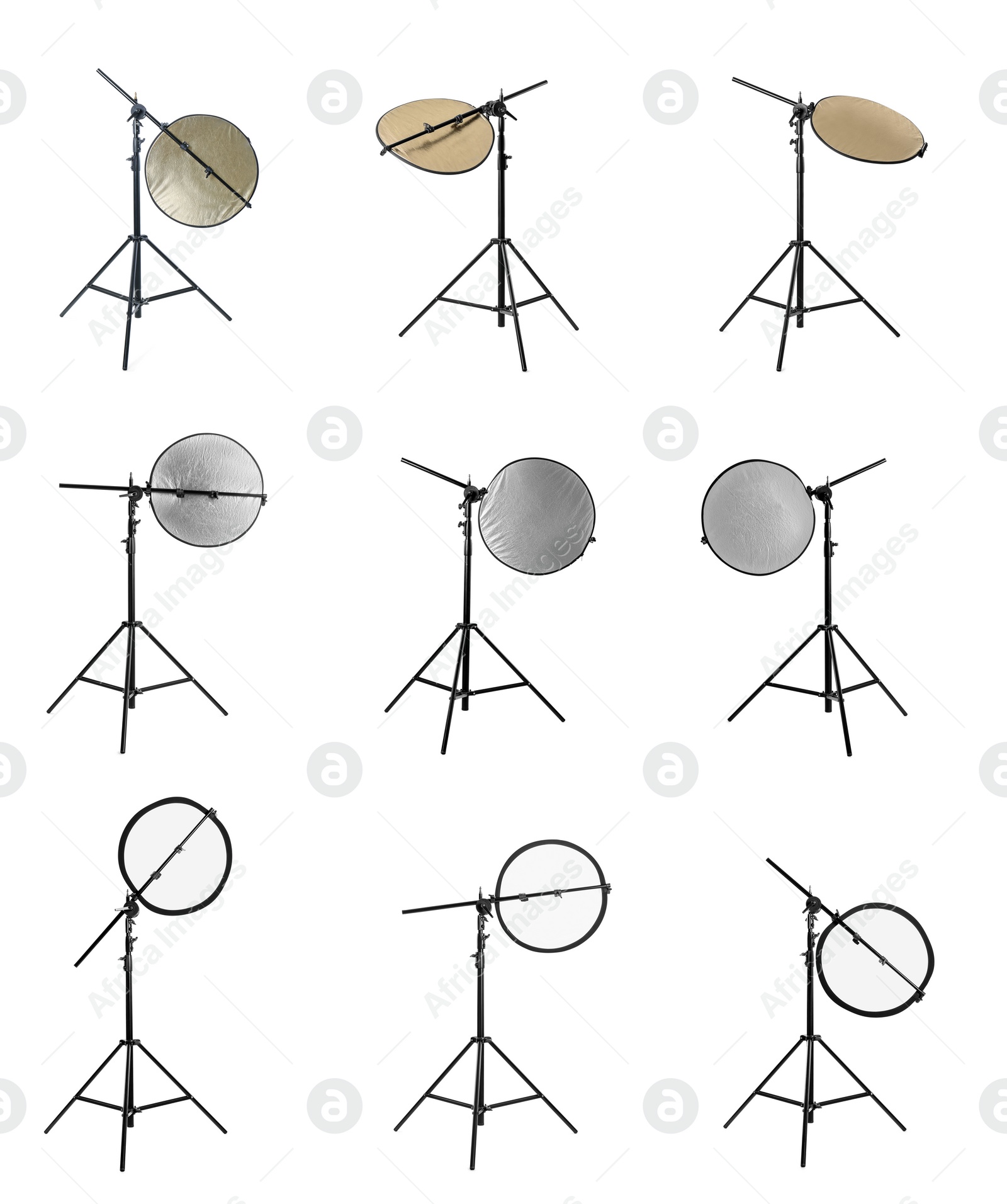 Image of Set of tripods with different reflectors on white background. Professional photographer's equipment