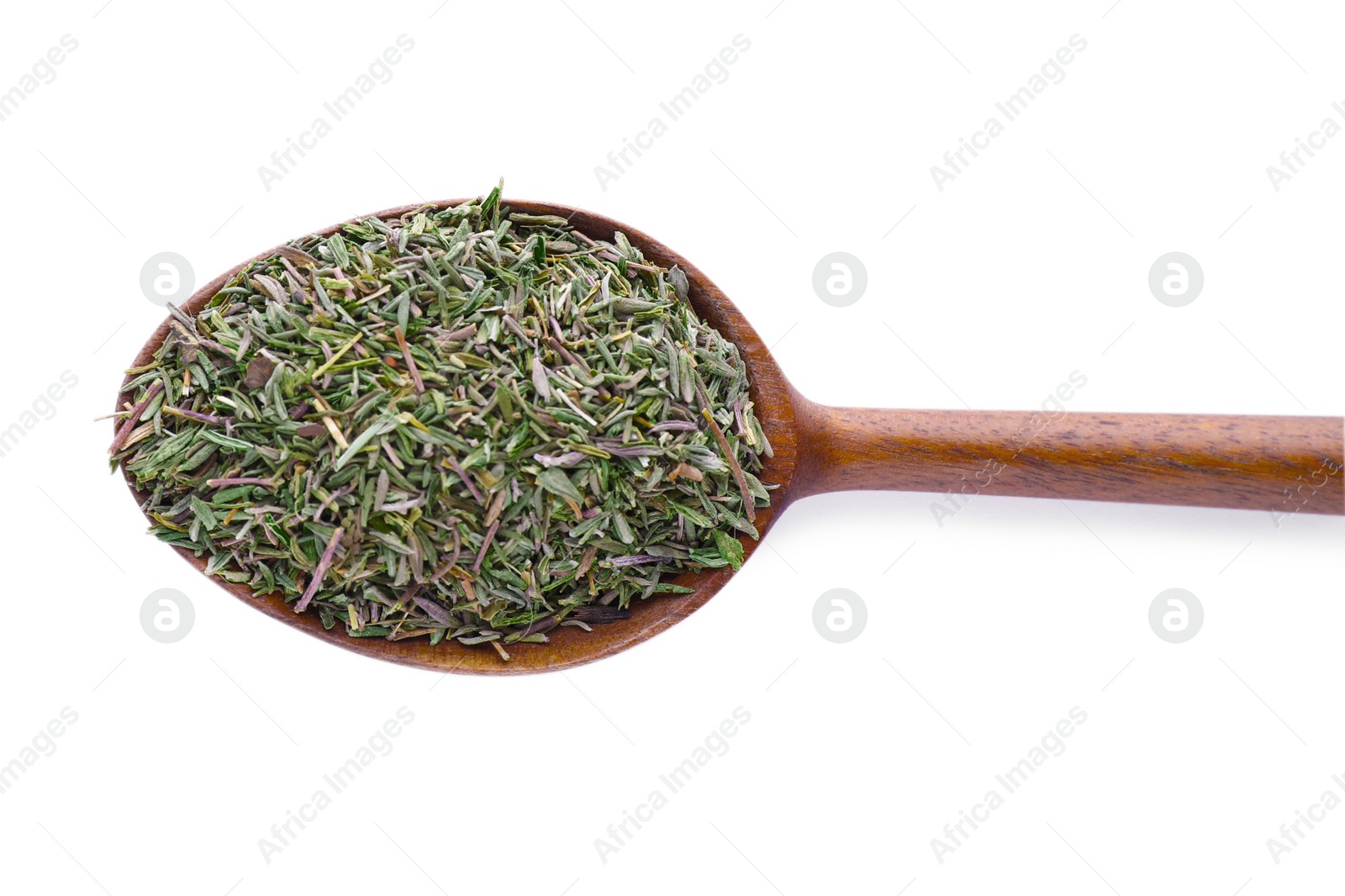 Photo of Spoon of dried thyme isolated on white, top view