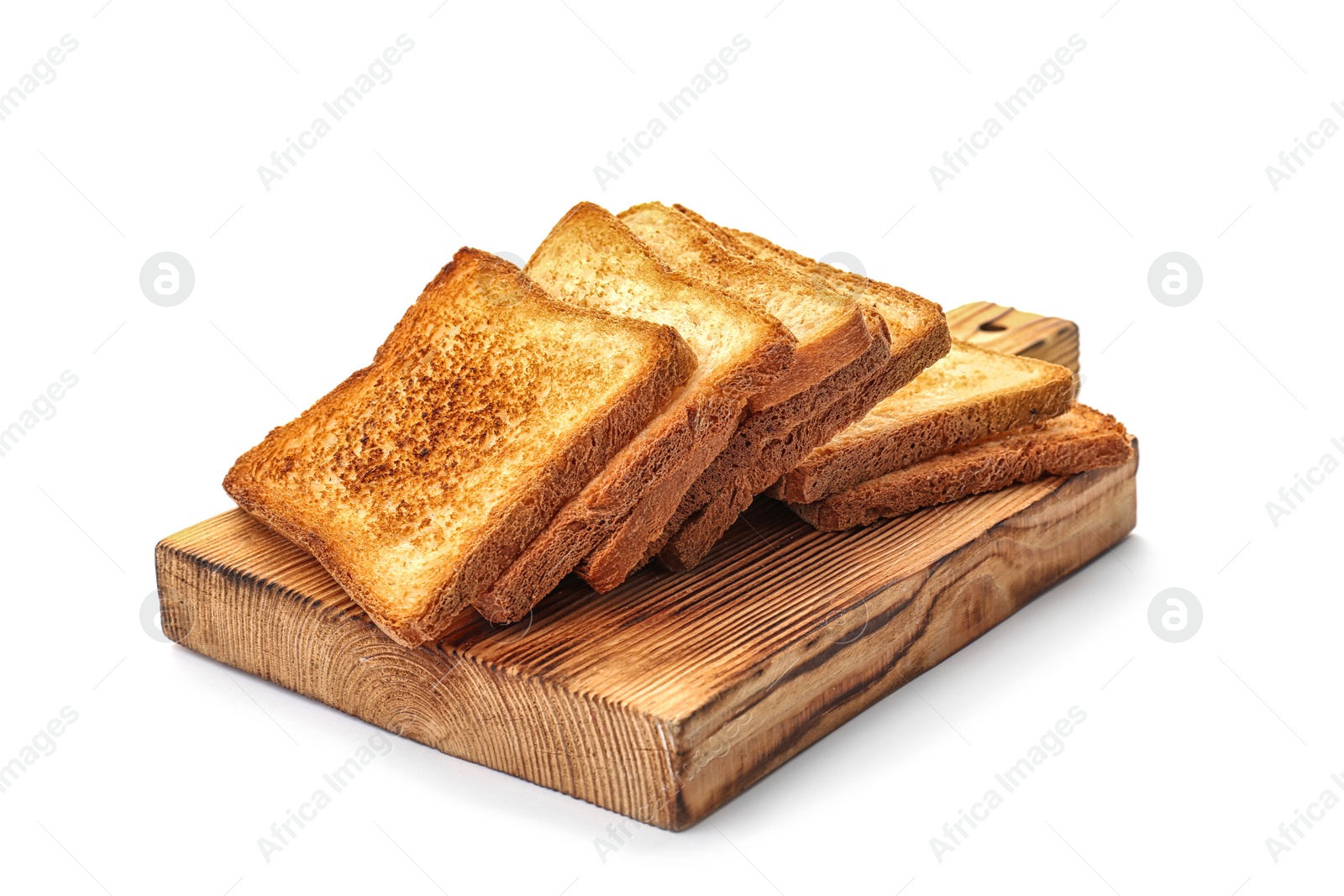 Photo of Wooden board with toasted bread on white background