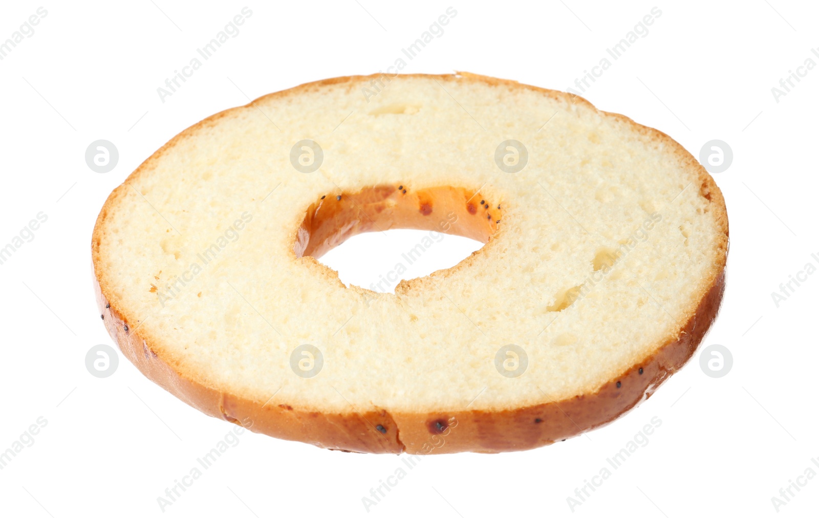 Photo of Half of delicious fresh bagel isolated on white