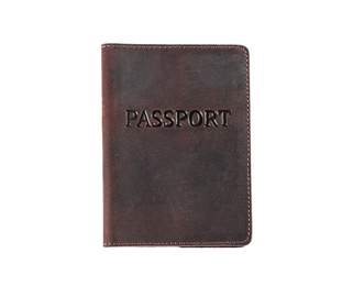 Leather case for passport isolated on white, top view