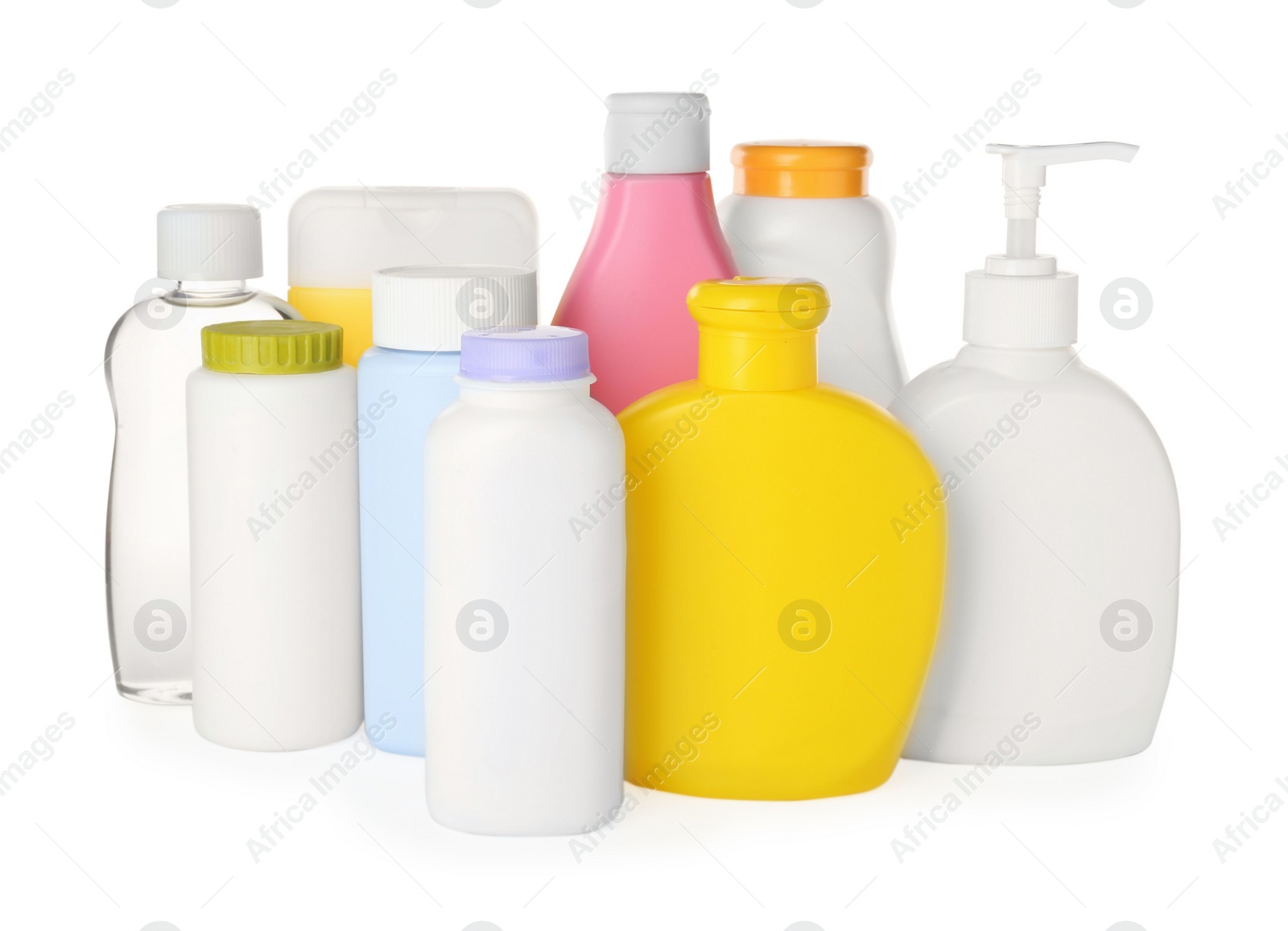 Photo of Set of baby cosmetic products on white background